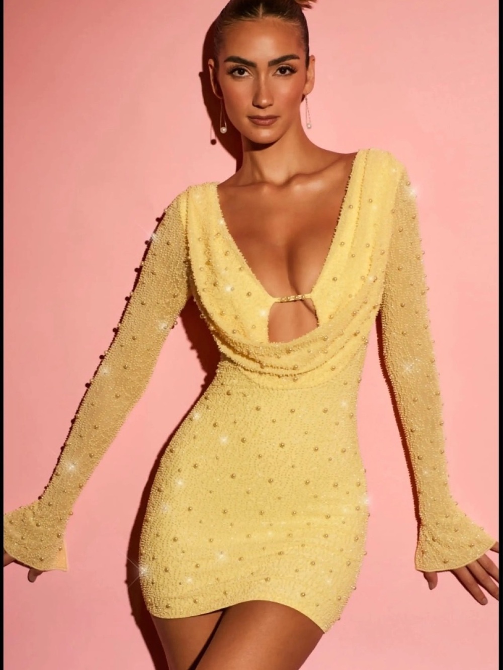 Oh Polly Yellow Beaded Long-Sleeve Mini Dress